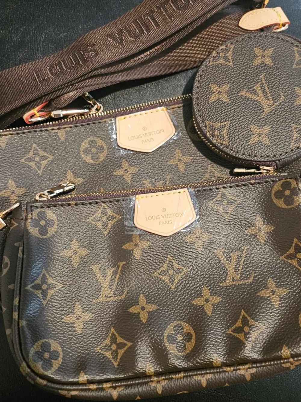 Brown Monogram-Inspired Triple Pouch Crossbody with Gold Hardware - Picture 5 of 5